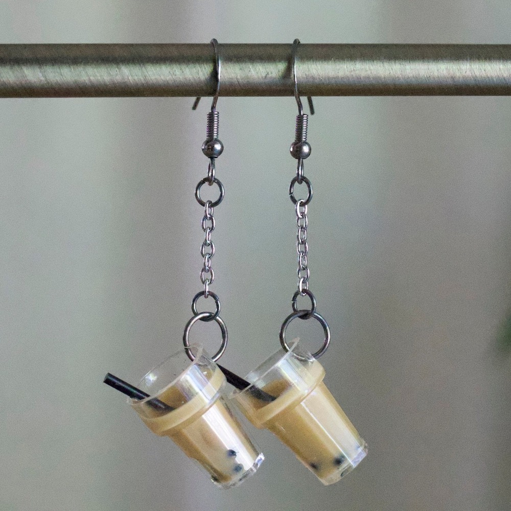 Handmade‎ Boba Milk Tea Dangle Earrings Brown Silver Tone Fishhook Novelty